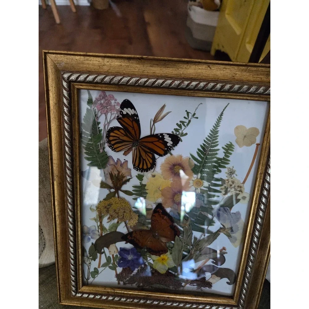 Vintage Pressed Flower Butterfly Art Gold Frame 8x10 Botanical Wall Decor